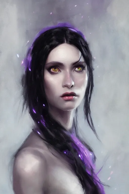 Prompt: portrait painting of female forest elf black hair, purple eyes, black dress, dramatic light, 8 k, by greg rutkowski