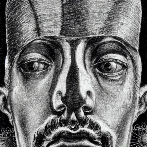 Image similar to Close-up of Don Quixote, pencil drawing. El Greco, Remedios Varo, Salvador Dali, Carl Gustav Carus, John Atkinson Grimshaw. Blue tint. Symetrical, logo, geometric shapes.