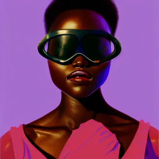 Image similar to Lupita Nyongo wearing opaque reflective goggles profile picture by Greg Rutkowski, brown skin, long afro hair, asymmetrical, futuristic, volumetric lights, cool colors, streetwear, studio ghibli, Organic Painting , Matte Painting, geometric shapes, hard edges, street art, trending on the artstation, fantasy LUT, realistic by Sachin Teng + Martin Grip + Moebius, techwear, Industrial Scifi, detailed illustration, character portrait,