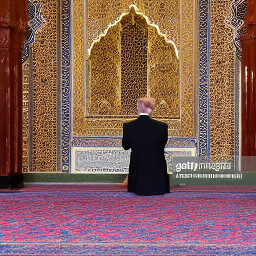 Image similar to Trump praying in mosque, award winning cinematic photography, 50 mm, blurred background, trending on Shutterstock