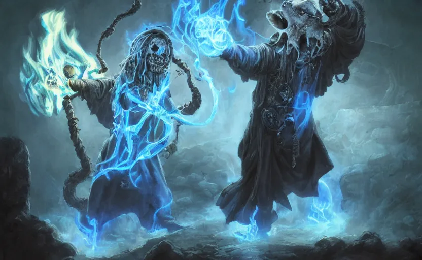 Prompt: portrait of a humanoid rat sorcerer with a rat skull for a head and holding a blue flame in each bony hand, laser eyes, dark hooded sorcerer robes, fantasy, d & d, greg rutkowski, frank frazetta, intricately detailed, impressive lighting, misty environment, power stance, ultimate power, doom, 8 k hdr