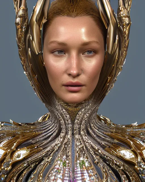 Image similar to a highly detailed metahuman 4 k close up render of an alien goddess bella hadid monument amor in iris van herpen dress schiaparelli in diamonds crystals swarovski and jewelry iridescent in style of alphonse mucha gustav klimt trending on artstation made in unreal engine 4