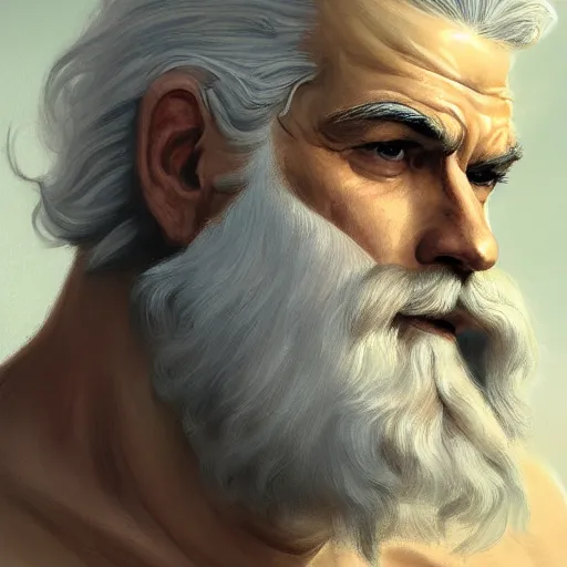 Image similar to painted portrait of rugged zeus, greek god, 4 0 years old, handsome, white hair, soft hair, upper body, muscular, hairy torso, fantasy, intricate, elegant, highly detailed, digital painting, artstation, concept art, smooth, sharp focus, illustration, art by greg rutkowski