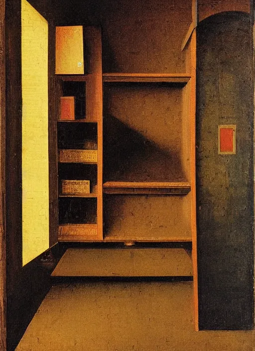 Image similar to bookshelf with children toys, medieval painting by jan van eyck, johannes vermeer, florence