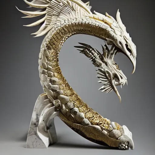 Image similar to feathered serpent, white marble with gold accents, by ellen jewett