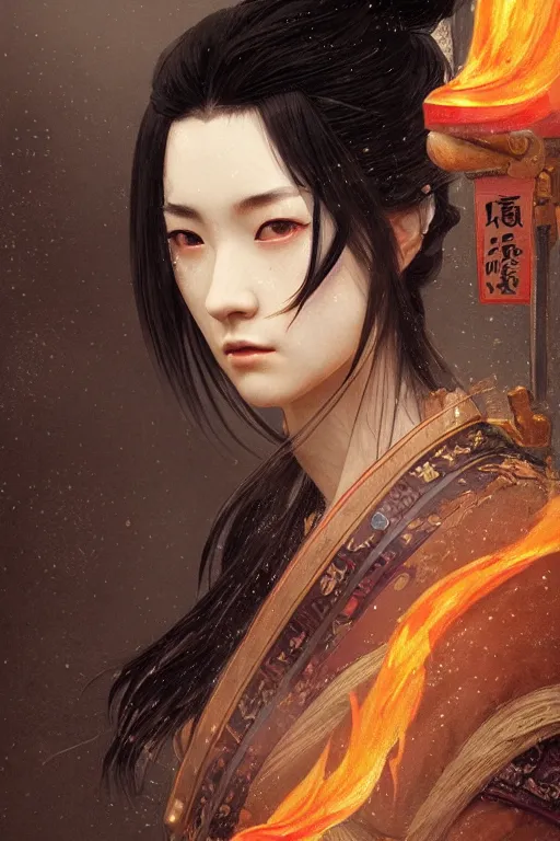 Image similar to portrait black hair samurai warrior girl, in ruin fire rainy honnoji temple night, ssci - fi and fantasy, intricate and very very beautiful and elegant, highly detailed, digital painting, artstation, concept art, smooth and sharp focus, illustration, art by tian zi and wlop and alphonse mucha