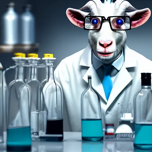 Image similar to a mad scientist goat in lab coats mixing acids in a lab, close - up shot, digital art, trending on artstation and unreal engine, deviantart, smooth, hyper detailed, matte painting, award - winning, hd, 4 k