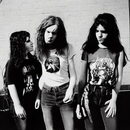 Image similar to Group of 19-year-old women holding electric guitars, long shaggy hair, stoner rock, punk rock, grunge rock, alternative rock, noise rock, Subpop, grunge, band promo photo, 1991 photograph