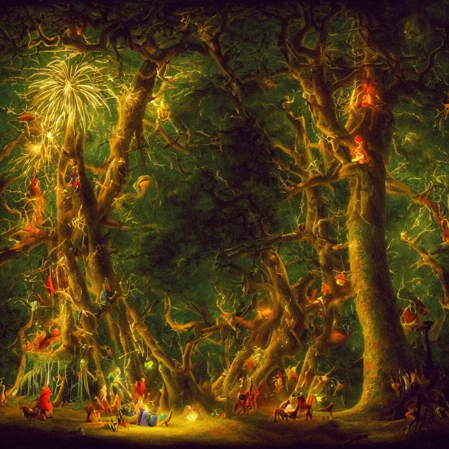 Image similar to closeup of a night carnival inside a tree cavity in a magical forest in the middle of a summer storm, with a music scenario with many fireworks and christmas lights, volumetric lightning, instense god rays in the sky, folklore people disguised with fantastic creatures in a magical forest by summer night, masterpiece painted by george stubbs, very coherent and colorful high contrast masterpiece,