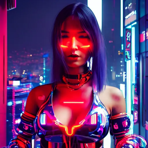 Prompt: An epic comic hyperrealistic full body shot portrait cg of a cyber warrrior girl wearing futuristic wardrobe, black and reddis, ultradetailed face expression trending on artstation and artbreeder, cyberpunk 2077 color, heavy rainning at tokyo night, neon light rooftop, unreal 5, DAZ, 8k, unreal 5 engine render, cosplay, RPG portrait, final fantasy Vll world concept, dramatic lighting, rim lights, PS5 render quality