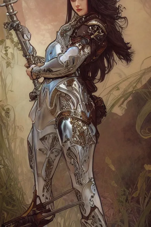 Prompt: high fantasy female knight design with light armor and spear, elegant, semi realistic,intricate, high detailed, concept art, digital illustration, by alphonse mucha, artgerm, loish