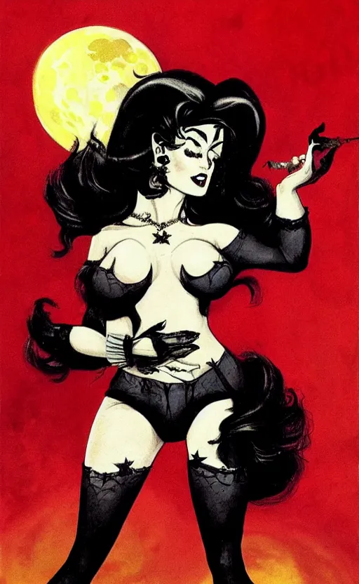 Image similar to goth girl with a detailed face and black hair below a full moon, burlesque psychobilly, rockabilly, punk, white background, drawing, illustration by frank frazetta