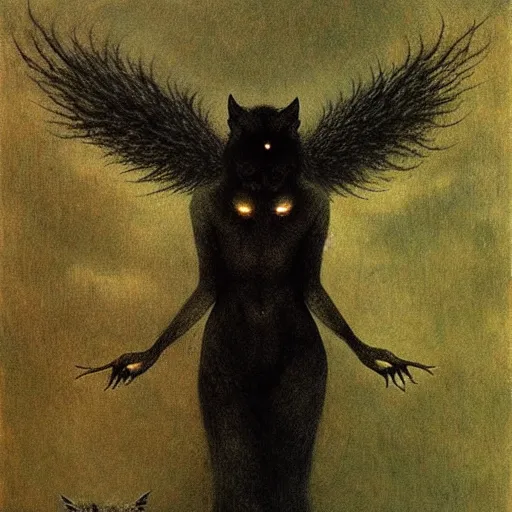 Image similar to werewolf girl with black wings by Beksinski