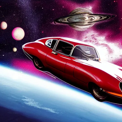 Image similar to a retro sci fi wallpaper of a jaguar e - type series 1 roadster flying in space, realistic, outer space only