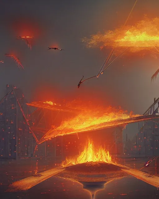 Image similar to in the lower part of the picture is the harp burning in the fire, above are cranes flying in flames, digital painting, concept art