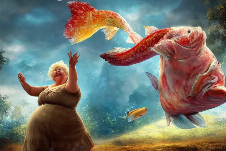 Image similar to of a very beautiful scene. ambient occlusion render. a sweet fat old woman is dancing with a huge colorful fish. hyper realistic. 4 k. wide angle. wild happiness. symmetrical face, red mouth, blue eyes. deep focus, lovely scene. ambient occlusion render. concept art. artstation. unreal engine.