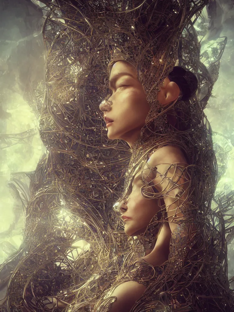 Image similar to a photo of her a mystical goddess woman covered in modular synthesizer parts surrounded by sacred geometry made from elven architecture, full body, perfect face, powerful, cinematic, beautifully lit, by ross tran, by karol bak, 3 d, octane render, 8 k