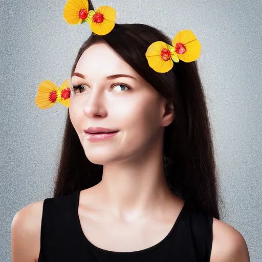 Image similar to female robot face with flower antennas