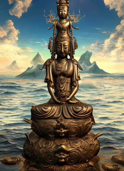 Image similar to guanyin stand on big loutus, a godness of the southern seas, a realistic setting with muted colors, visual novel cover, by yoshitaka amano, zeng fanzhi, jane hamilton, tiffany studios, sunrays shine uponit, frostbite 3 engine, cryengine, dof, trending on artstation, digital art, fantasy detailed background