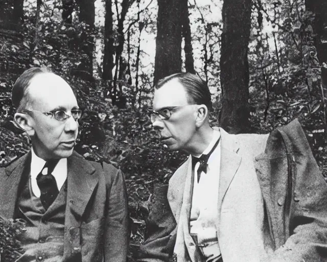 Prompt: close - up of edgar cayce and aldous huxley in a forest, epic colorful hyper detailed award winning photography