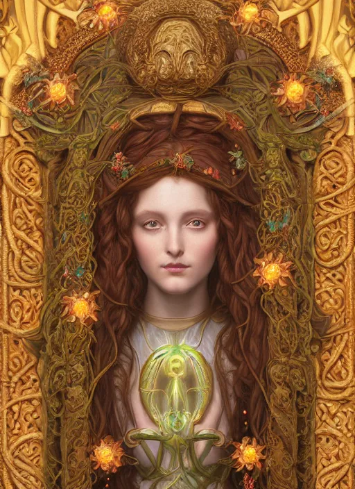 Image similar to ultradetailed ornate pre-raphaelite RPG illustration of beautiful symmetric Medusa radiating glowing aura wearing an art nouveau flowery armor with much decorum and modesty, digital airbrush painting, 3d rim light, hyperrealistic masterpiece, artstation, cgsociety, kodakchrome, golden ratio