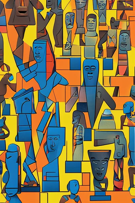 Image similar to cubist moai statue cutout digital illustration cartoon colorful beeple