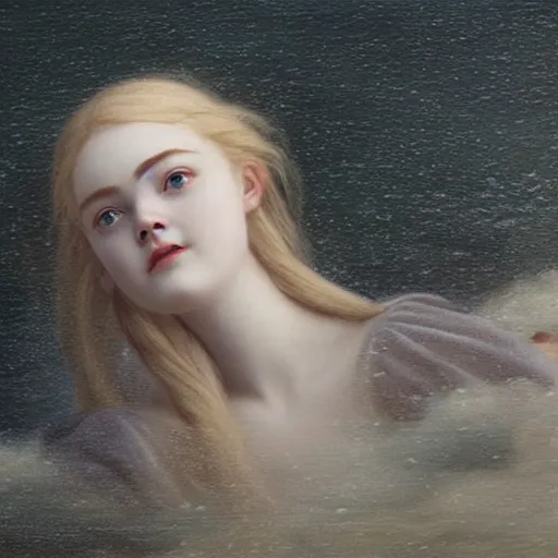 Prompt: Painting of Elle Fanning lost at sea, dark stormy weather, long blonde hair, delicate, pale milky white porcelain skin, by Edmund Leighton. 8K. Extremely detailed.