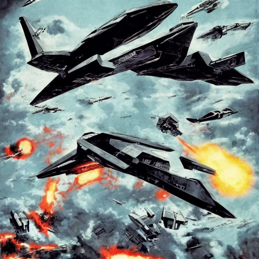 Prompt: stealth starship bombing a capital starship. explosions, action shot. pulp sci - fi art. high contrast.