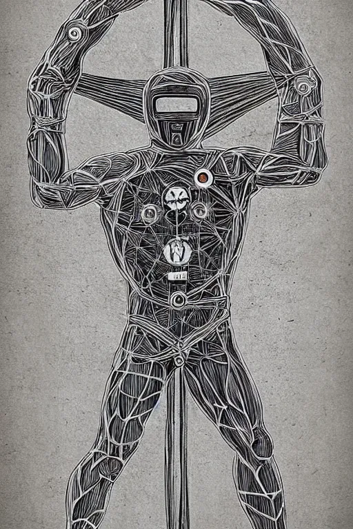 Prompt: super sentai vitruvian man by leonardo da bimco