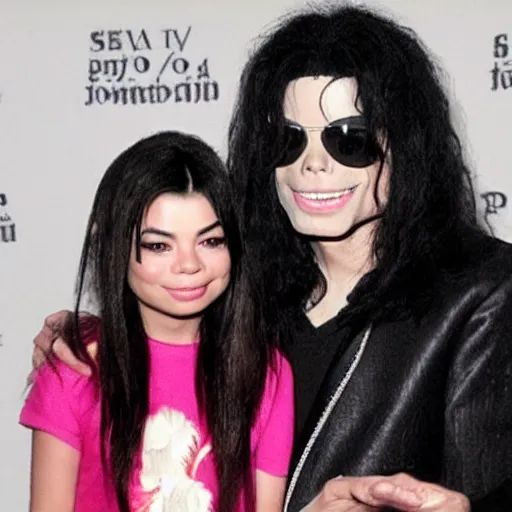 Prompt: michael jackson takes a picture with miranda cosgrove ,photorealism