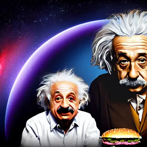 Image similar to Albert Einstein and Salvador Dali eating a Big Mac in front of a black hole, beautiful lighting,digital art , highly detailed , high contrast, beautiful lighting, award winning , trending on art station, 8k, photorealistic,unreal engine 5
