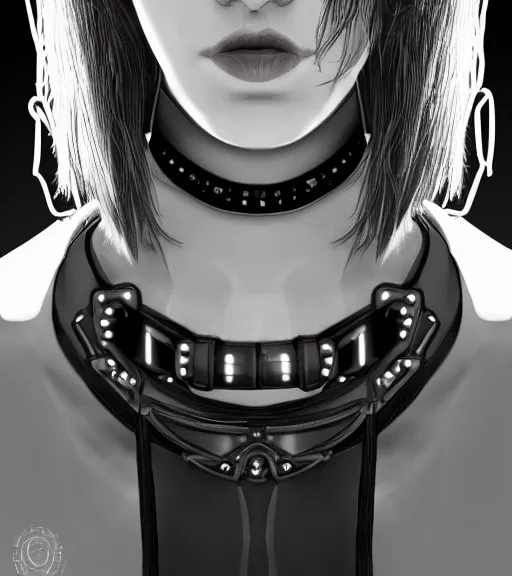 Image similar to detailed realistic female character cyberpunk wearing thick technological collar around neck, realistic, art, beautiful, 4K, collar, choker, collar around neck, punk, artstation, detailed, female, woman, choker, cyberpunk, neon, punk, collar, choker, collar around neck, thick collar, tight around neck, punk,