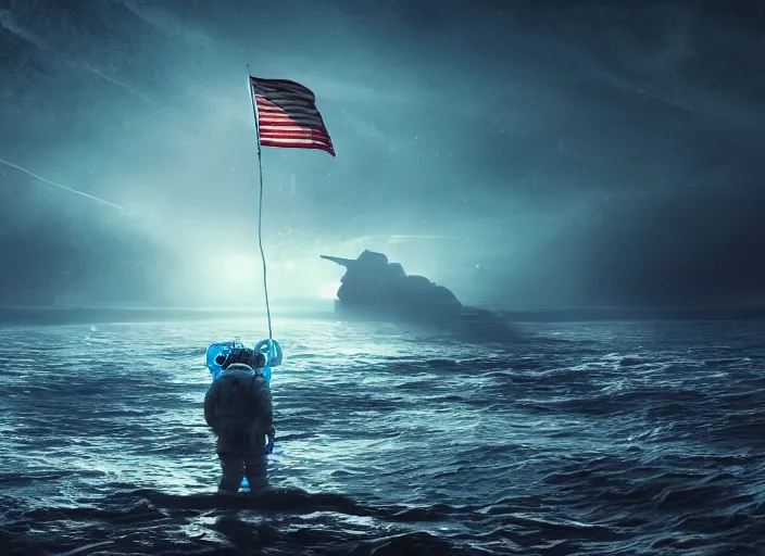 Image similar to astronaut holding a flag in an underwater desert. a submarine is visible in the distance. dark, concept art, cinematic, dramatic, atmospheric, 8 k, trending on artstation, blue, fish, low visibility, fog, ocean floor, christopher nolan, interstellar