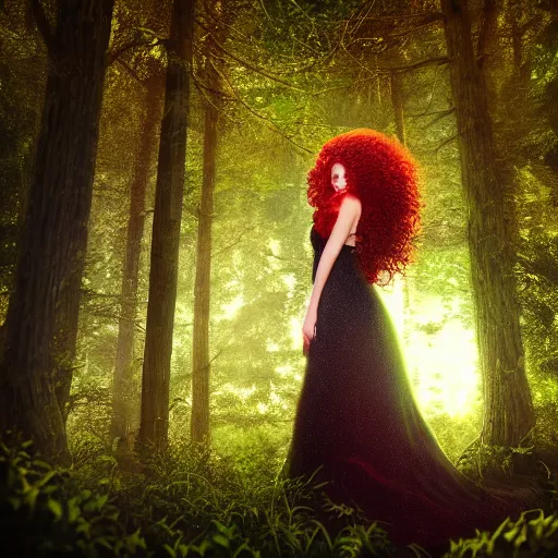 Image similar to beautiful woman with long curly red hair in elaborate gown, rim lit, forest, moon in background, photo realistic, cinematic atmosphere, octane render, 8 k, ethereal, dramatic lighting