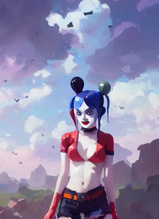 Image similar to portrait of harley quinn, cloudy sky background lush landscape illustration concept art anime key visual trending pixiv fanbox by wlop and greg rutkowski and makoto shinkai and studio ghibli