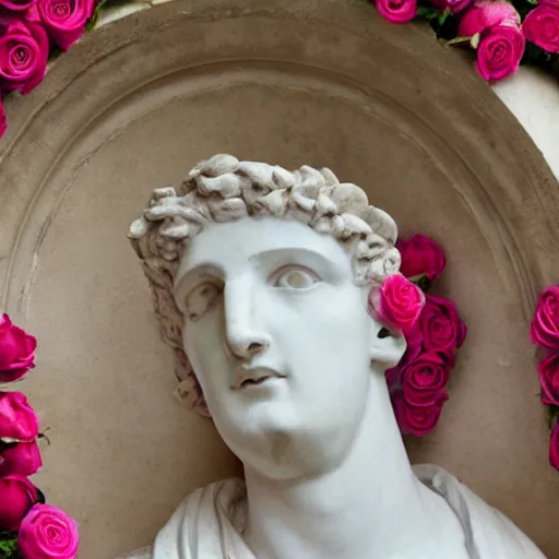Image similar to portrait of a greek statue covered in roses