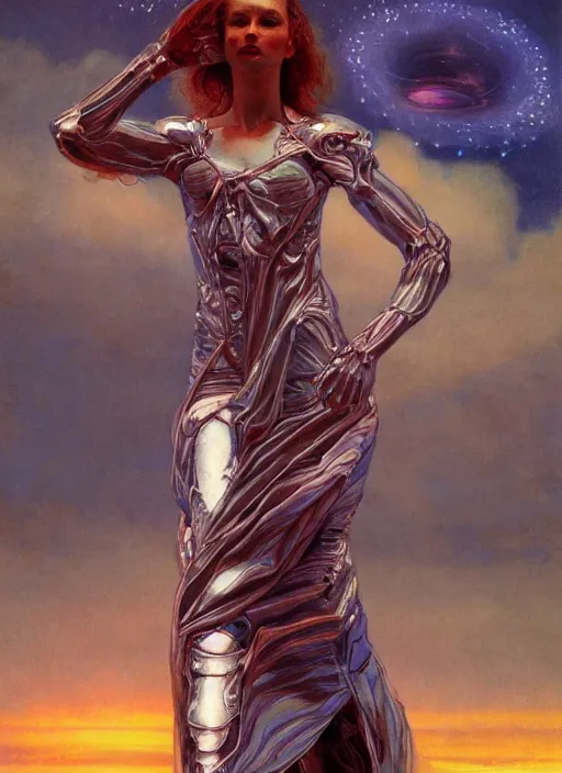 Prompt: biblical strong beautiful female android, bright glowing veins, in clouds, sunset, accretion disk, fashion posing, portrait, by gerald brom, by mikhail vrubel, by peter elson, muted colors, extreme detail, reflections, trending on artstation, 8 k