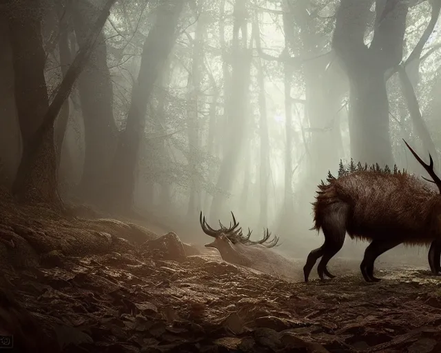 Image similar to 5 5 mm portrait photo of an armored demonic capybara with antlers, in a magical forest. dark atmosphere. art by greg rutkowski. highly detailed 8 k. intricate. lifelike. soft light. nikon d 8 5 0.