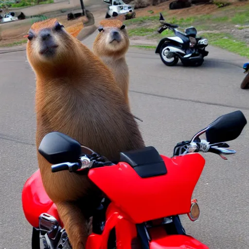 Prompt: capybara riding a red motorcycle with the crew, ultra realistic image