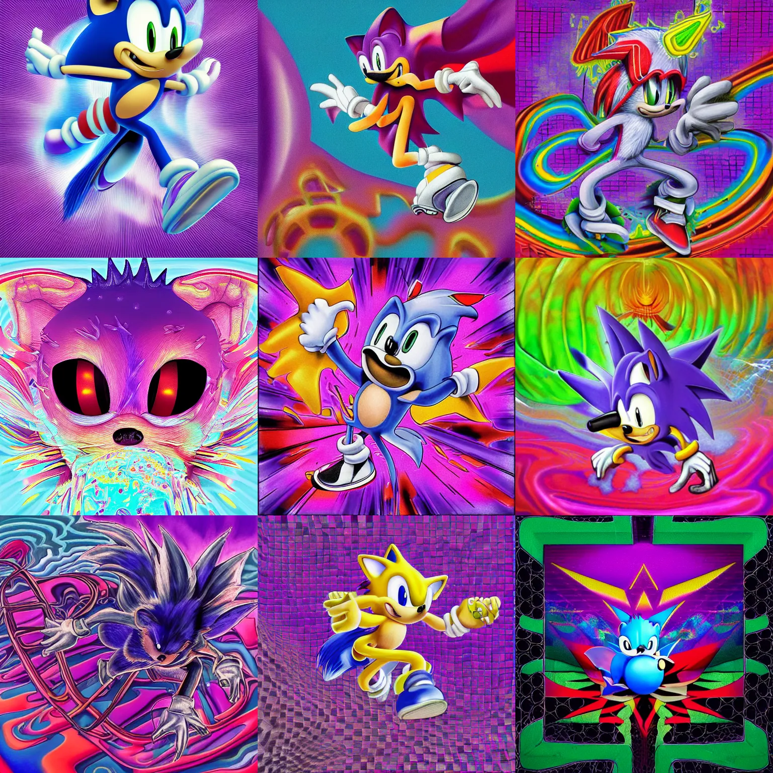 Image similar to surreal, faded, totally radical detailed professional, high quality airbrush art MGMT album cover of a liquid dissolving LSD DMT sonic the hedgehog on a flat purple checkerboard plane, 1990s 1992 prerendered graphics raytraced phong shaded album cover