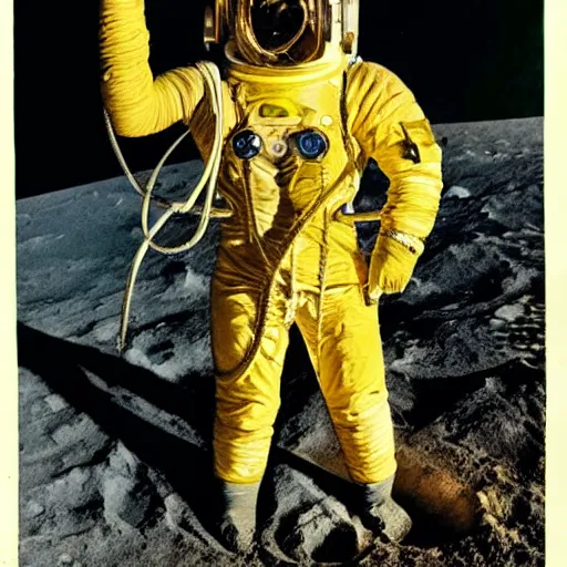 Image similar to photo of a diver wearing an old diving suit on the moon posing with an electric guitar electric guitar electric guitar electric guitar. detailed. old diving suit photos. colorized. rockstar