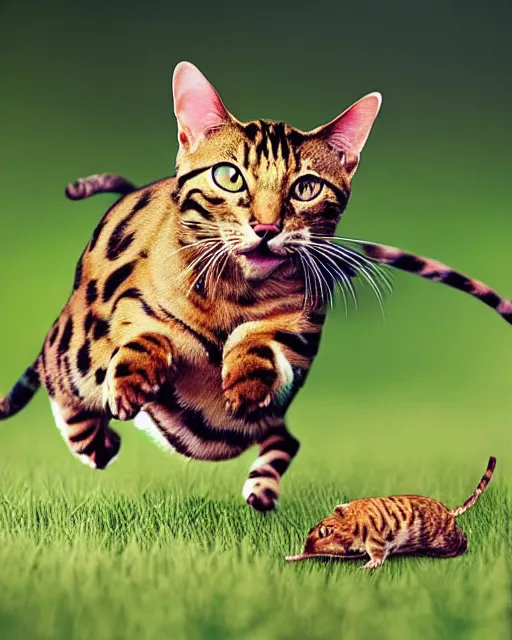 Image similar to beautiful and realistic bengal cat chasing after a gigantic mouse in a field, photo in the style of National Geographic