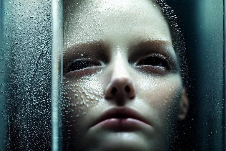 Image similar to an ultra realistic, cinematic, fantasy, portrait, of a woman, face in water, dramatic, soft light, dreamy, facial features, stood in a cell, with prison clothing, detailed, deep focus, movie still, dramatic lighting, ray tracing, by michal karcz and yoshitaka amano