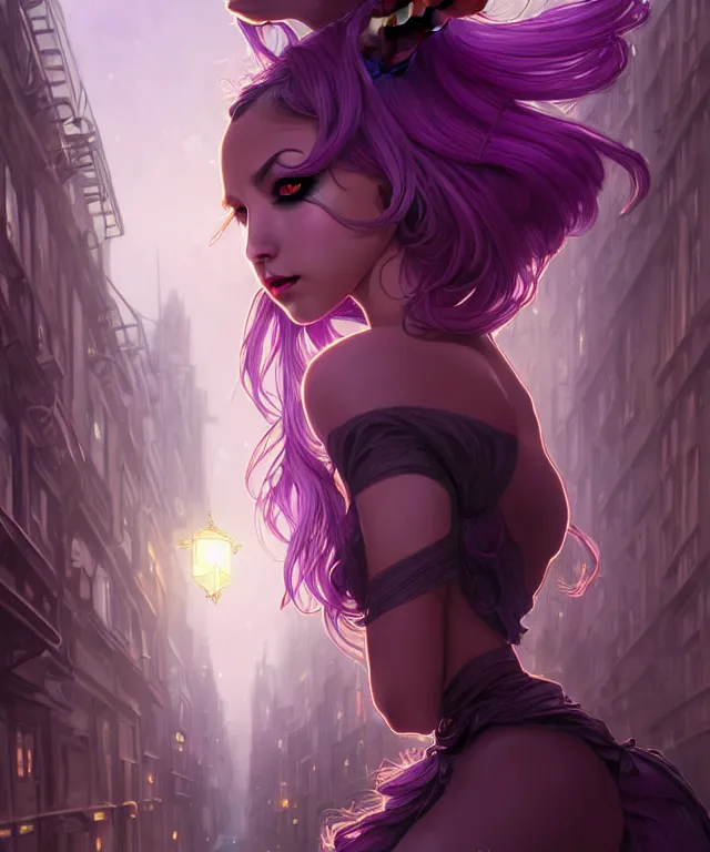 Prompt: anthropomorphic female Rabbit, eastern european origin, sci-fi, pink eyes, face, black and purple hair, fantasy, intricate, elegant, new york alleyway, moonlit, highly detailed, digital painting, artstation, concept art, smooth, sharp focus, illustration, art by artgerm and greg rutkowski and alphonse mucha