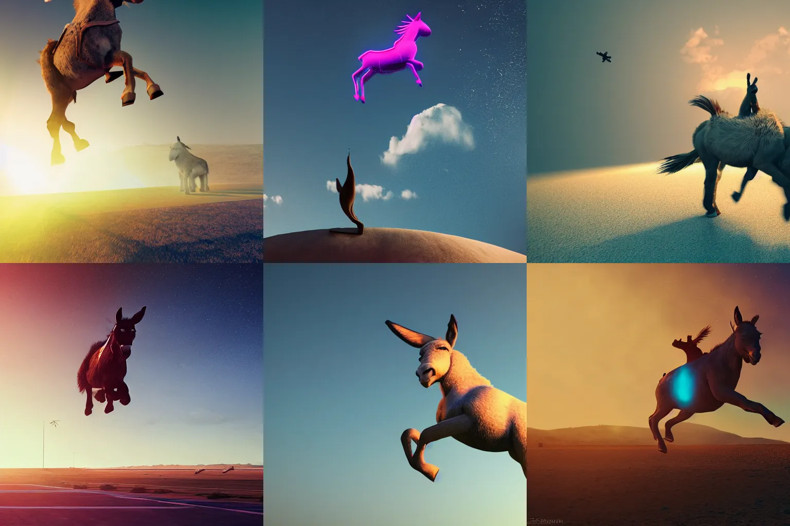 Prompt: a donkey jumping from plane, eagles in the background, artstation award winner, digital art, volumetric lighting, neon colors, short telephoto, octane render