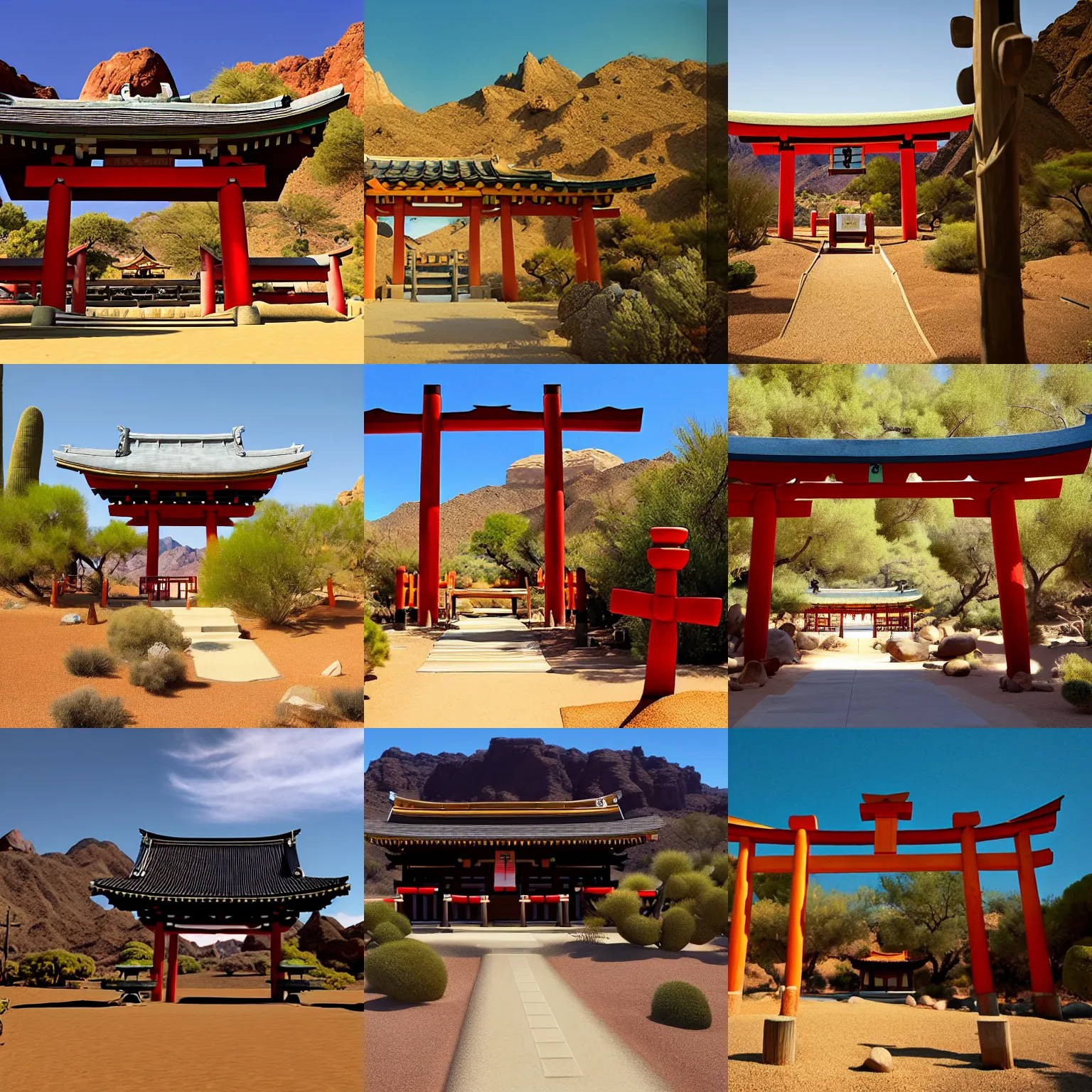 Prompt: a shinto shrine in the desert southwest, pixar animation
