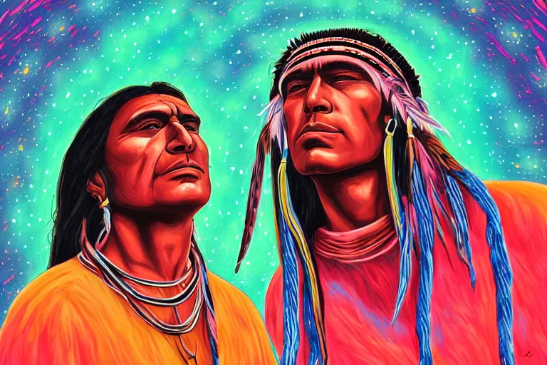 Image similar to digital art of a spiritual native american man looking up at the stars, acrylic art, universe, painting, pastel colors, synthwave, retro, cyberpunk,