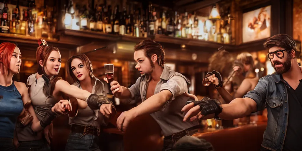 Prompt: a photo of a bar fight inside a pub between cosplayers, leica, detailed faces, accurate faces, 4k, 3D render, hyperrealism, editorial, photorealistic, crisp details, sharp focus, wide angle lens, octane render, caustics