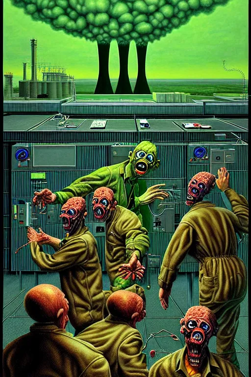 Prompt: a hyperrealistic detailed painting of an emergency at the nuclear power plant, radioactive chimeric radiation monsters eating the laboratory by chris cunningham and richard corben, highly detailed, vivid color,