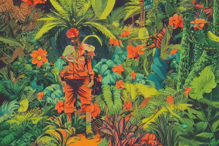 Image similar to 2 d gouache illustration of a rotterdam gabber from 9 0's, a lot of exotic vegetation, trees. flowers, oldschool vintage sci - fi flat surreal design, super - detailed, painting by satoshi kon, hd, 4 k, high quality